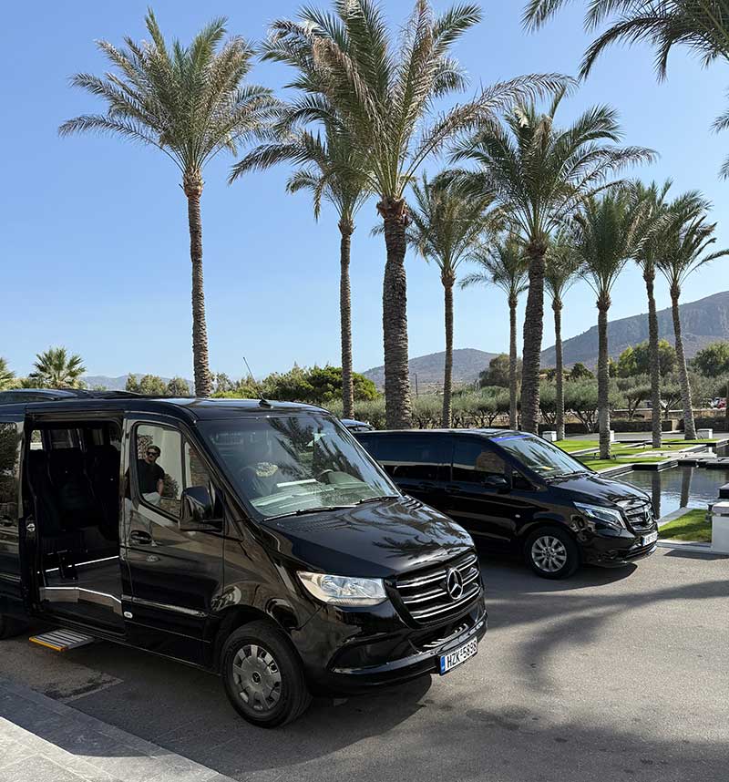Luxury Mercedes-Benz minivans ready for our exclusive Private Tours Crete Vans providing comfortable, stylish, and private transportation for tours in Crete. Perfect for luxury travel and VIP experiences.
